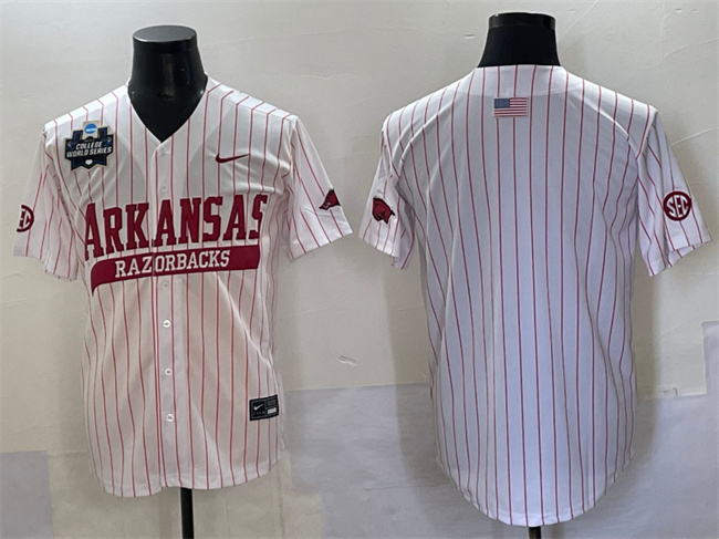 Men's Arkansas Razorbacks Blank White Pinstripe 2025 World Series & SEC Patch Stitched Jersey Men's Arkansas Razorbacks Blank White Pinstripe 2025 World Series & SEC Patch Stitched Jersey