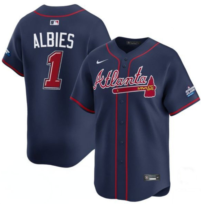 Men's Atlanta Braves #1 Ozzie Albies Navy 2025 Speedway Classic Alternate Limited Stitched Baseball Jersey Men's Atlanta Braves #1 Ozzie Albies Navy 2025 Speedway Classic Alternate Limited Stitched Baseball Jersey