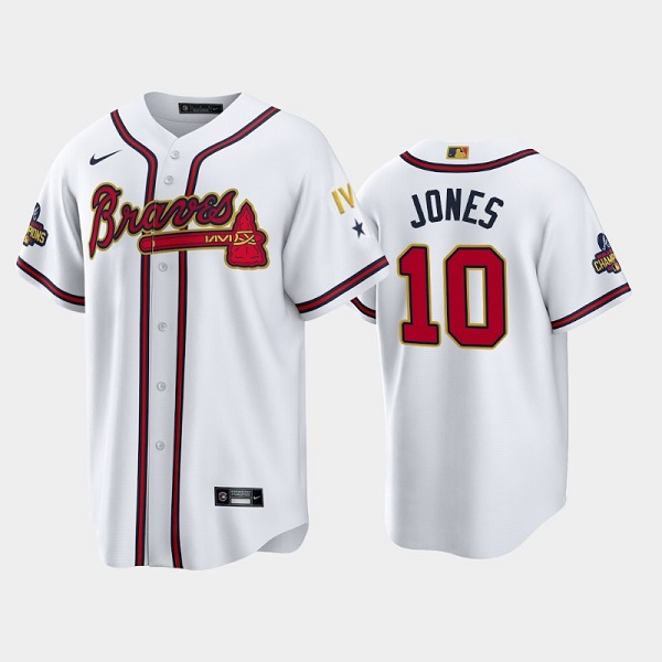 Men's Atlanta Braves #10 Chipper Jones 2022 White Gold World Series Champions Program Cool Base Stitched Baseball Jersey