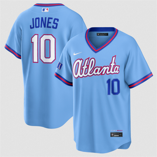Men's Atlanta Braves #10 Chipper Jones Powder Blue 2026 City Connect Stadium Stitched Baseball Jersey Men's Atlanta Braves #10 Chipper Jones Powder Blue 2026 City Connect Stadium Stitched Baseball Jersey