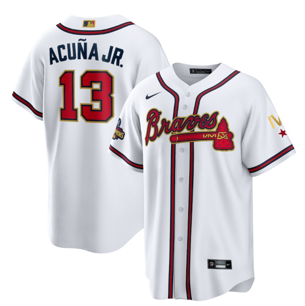 Men's Atlanta Braves #13 Ronald Acu?a Jr. 2022 White Gold World Series Champions Program Cool Base Stitched Baseball Jersey