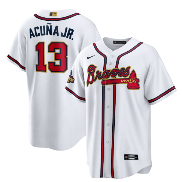 Men's Atlanta Braves #13 Ronald Acu?a Jr. 2022 White Gold World Series Champions Program Cool Base Stitched Baseball Jersey