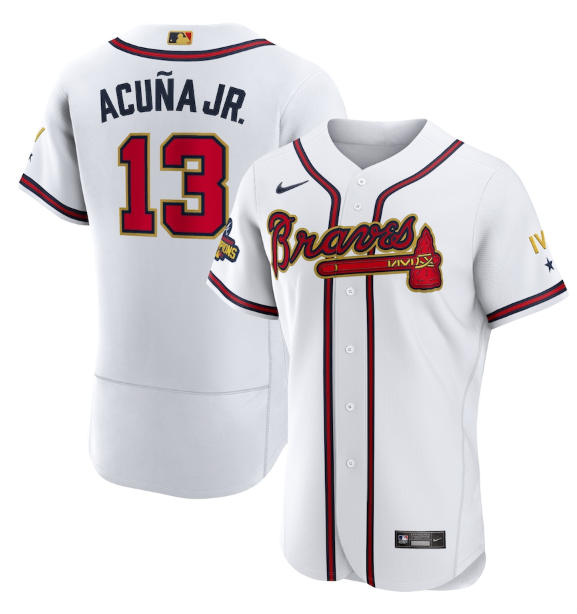 Men's Atlanta Braves #13 Ronald Acu?a Jr. 2022 White Gold World Series Champions Program Flex Base Stitched Baseball Jersey