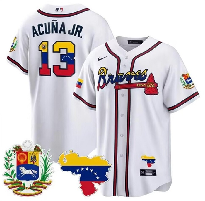 Men's Atlanta Braves #13 Ronald Acu?a Jr. 2023 White With Patch Cool Base Stitched Jersey