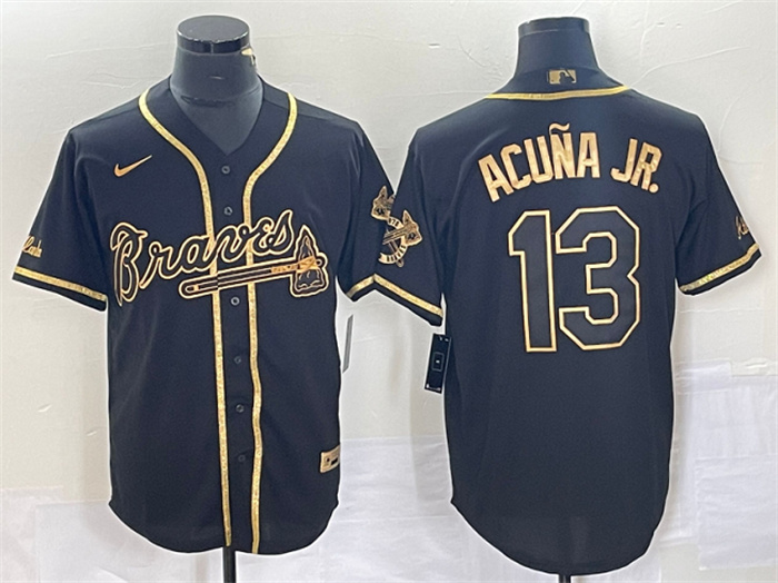 Men's Atlanta Braves #13 Ronald Acu?a Jr. Black Gold Cool Base Stitched Baseball Jersey