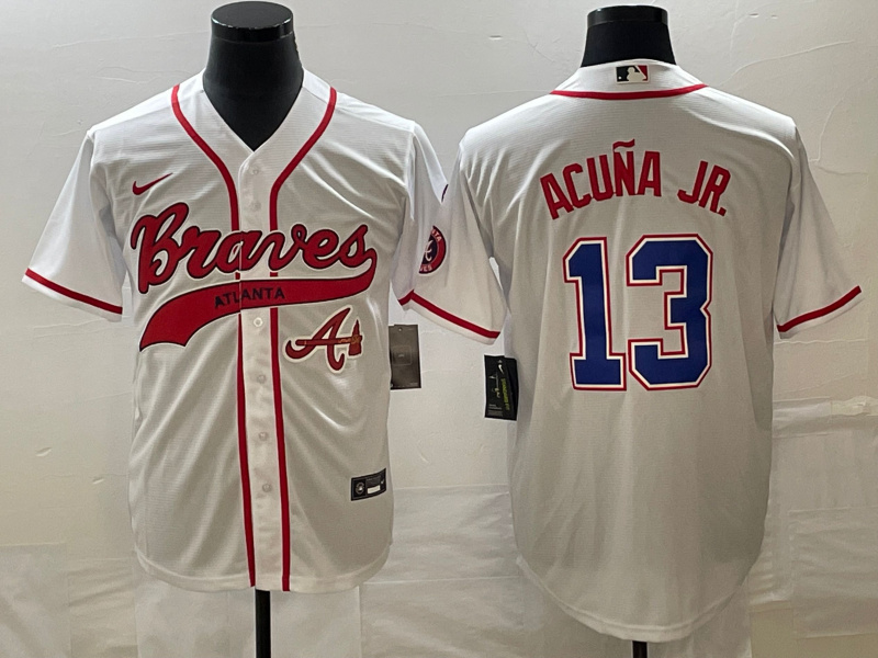 Men's Atlanta Braves #13 Ronald Acu?a Jr. White Cool Base With Patch Stitched Baseball Jersey Men's Atlanta Braves #13 Ronald Acu?a Jr. White Cool Base With Patch Stitched Baseball Jersey