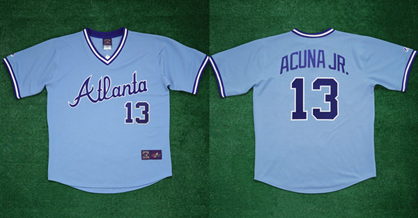 Men's Atlanta Braves #13 Ronald Acu?a Jr 1982 Light Blue Cool Base Stitched Baseball Jersey