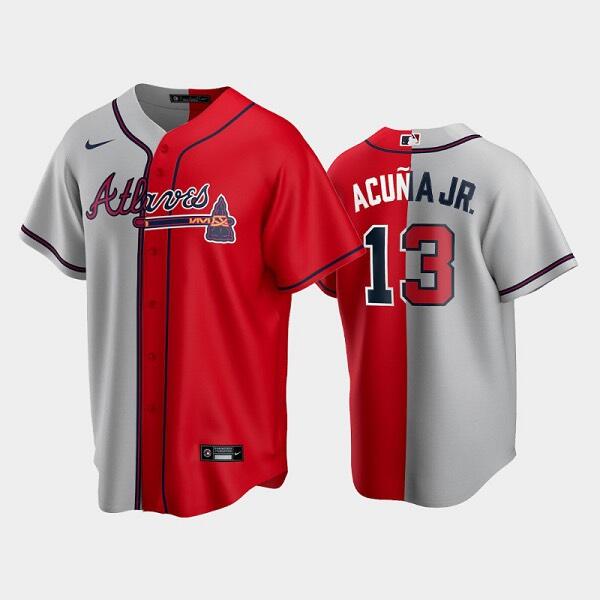 Men's Atlanta Braves #13 Ronald Acuna Jr. Gray Red Split Cool Base Stitched Baseball Jersey