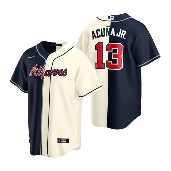 Men's Atlanta Braves #13 Ronald Acuna Jr. Navy Cream Split Cool Base Stitched Baseball Jersey