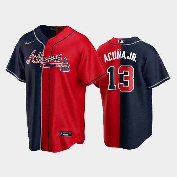 Men's Atlanta Braves #13 Ronald Acuna Jr. Navy Red Split Cool Base Stitched Baseball Jersey