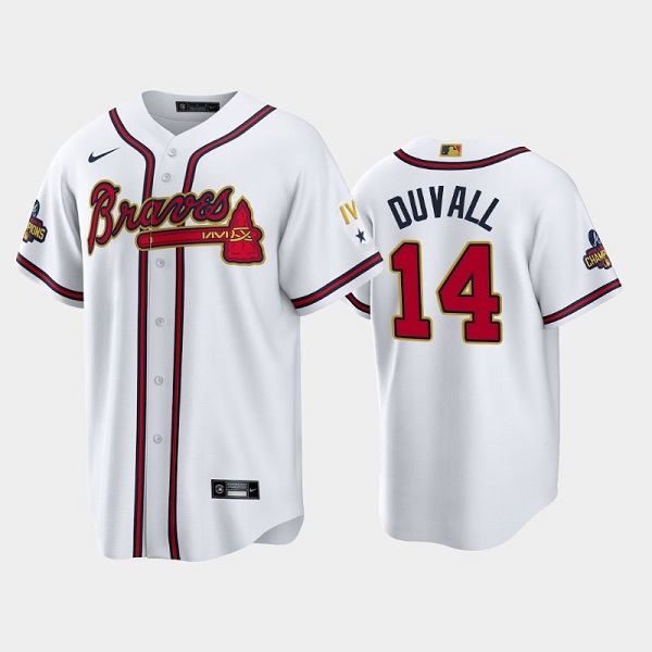 Men's Atlanta Braves #14 Adam Duvall 2022 White Gold World Series Champions Program Cool Base Stitched Baseball Jersey