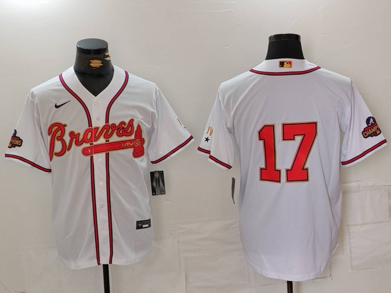 Men's Atlanta Braves #17 Andy Messersmith White Gold World Series Champions Cool Base Stitched Baseball Jersey Men's Atlanta Braves #17 Andy Messersmith White Gold World Series Champions Cool Base Stitched Baseball Jersey