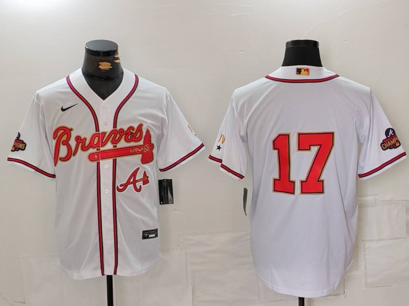 Men's Atlanta Braves #17 Andy Messersmith WhiteGold World Series Champions Cool Base Stitched Baseball Jersey Men's Atlanta Braves #17 Andy Messersmith WhiteGold World Series Champions Cool Base Stitched Baseball Jersey