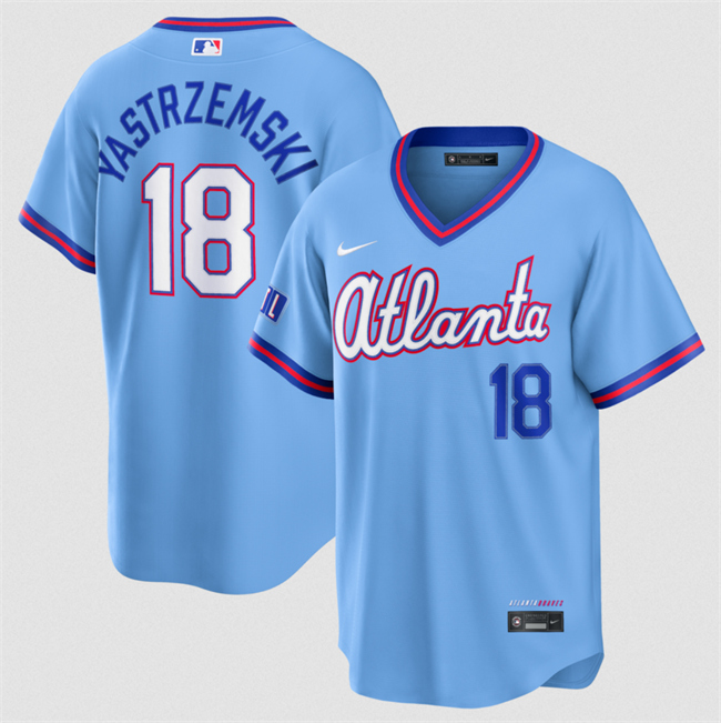 Men's Atlanta Braves #18 Mike Yastrzemski Powder Blue 2026 City Connect Stadium Stitched Baseball Jersey Men's Atlanta Braves #18 Mike Yastrzemski Powder Blue 2026 City Connect Stadium Stitched Baseball Jersey
