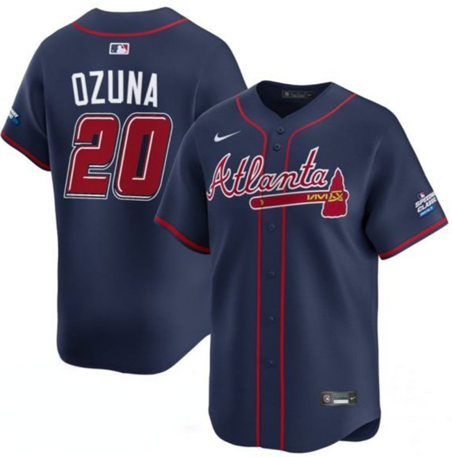 Men's Atlanta Braves #20 Marcell Ozuna Navy 2025 Speedway Classic Alternate Limited Stitched Baseball Jersey Men's Atlanta Braves #20 Marcell Ozuna Navy 2025 Speedway Classic Alternate Limited Stitched Baseball Jersey