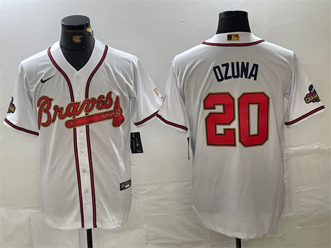 Men's Atlanta Braves #20 Marcell Ozuna White Gold World Series Champions Cool Base Stitched Baseball Jersey Men's Atlanta Braves #20 Marcell Ozuna White Gold World Series Champions Cool Base Stitched Baseball Jersey