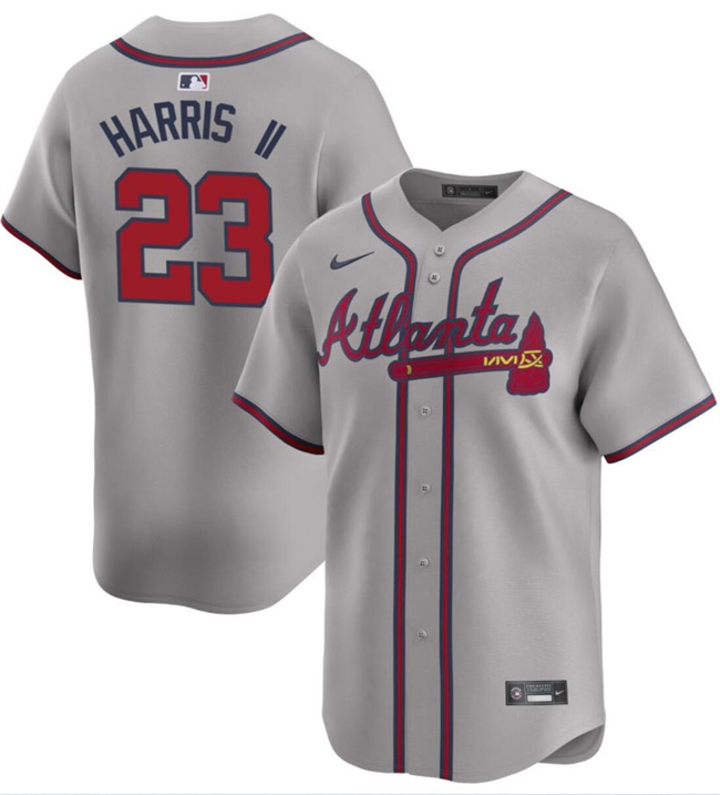 Men's Atlanta Braves #23 Michael Harris II Grey 2024 Away Limited Stitched Baseball Jersey Men's Atlanta Braves #23 Michael Harris II Grey 2024 Away Limited Stitched Baseball Jersey