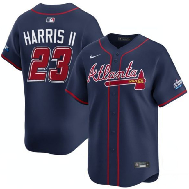 Men's Atlanta Braves #23 Michael Harris II Navy 2025 Speedway Classic Alternate Limited Stitched Baseball Jersey Men's Atlanta Braves #23 Michael Harris II Navy 2025 Speedway Classic Alternate Limited Stitched Baseball Jersey