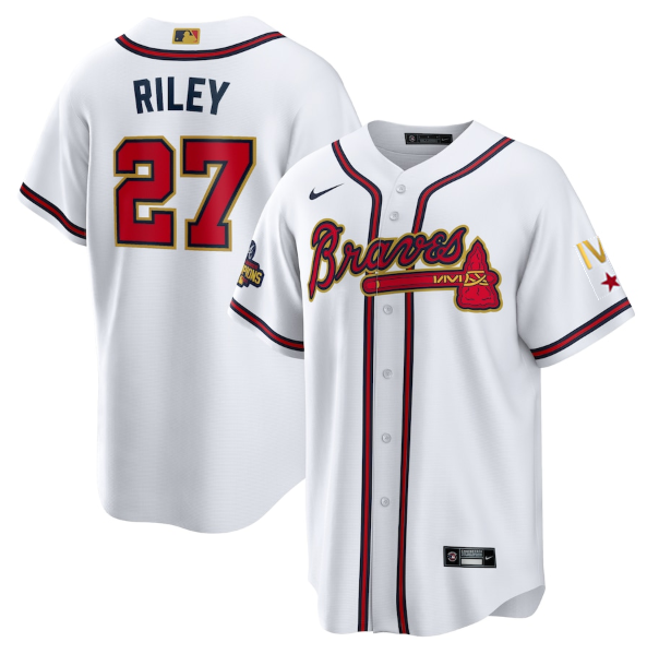 Men's Atlanta Braves #27 Austin Riley 2022 White Gold World Series Champions Program Cool Base Stitched Baseball Jersey