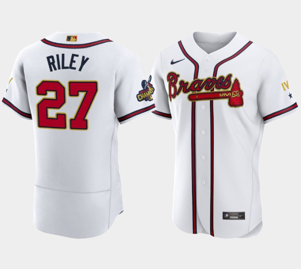 Men's Atlanta Braves #27 Austin Riley 2022 White Gold World Series Champions Program Flex Base Stitched Baseball Jersey