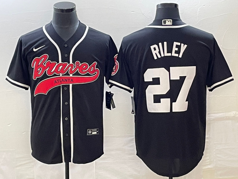 Men's Atlanta Braves #27 Austin Riley Black Cool Base Stitched Baseball Jersey Men's Atlanta Braves #27 Austin Riley Black Cool Base Stitched Baseball Jersey