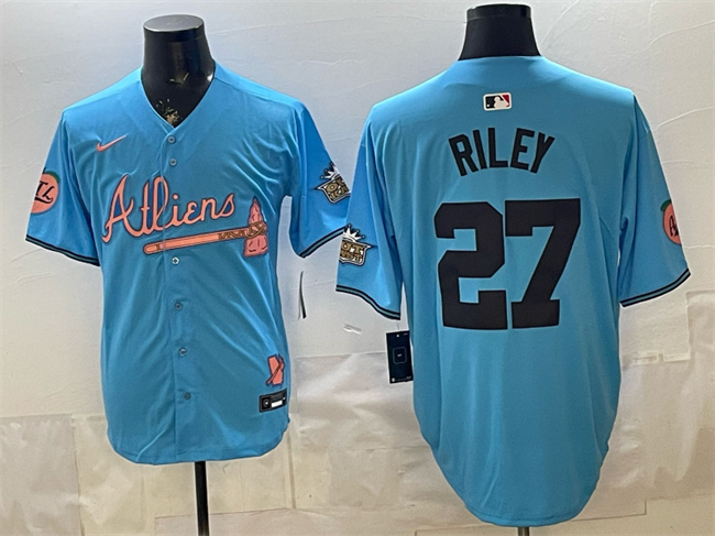 Men's Atlanta Braves #27 Austin Riley Blue 2024 Atliens & Peach With Outkast Patch Vapor Limited Stitched Baseball Jersey Men's Atlanta Braves #27 Austin Riley Blue 2024 Atliens & Peach With Outkast Patch Vapor Limited Stitched Baseball Jersey