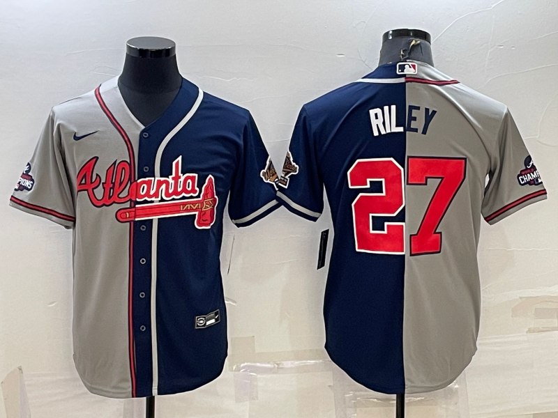 Men's Atlanta Braves #27 Austin Riley Gray Navy Two Tone Split Cool Base Stitched Baseball Jersey Men's Atlanta Braves #27 Austin Riley Gray Navy Two Tone Split Cool Base Stitched Baseball Jersey