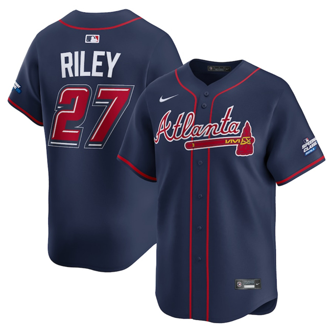 Men's Atlanta Braves #27 Austin Riley Navy 2025 Speedway Classic Alternate Limited Stitched Baseball Jersey Men's Atlanta Braves #27 Austin Riley Navy 2025 Speedway Classic Alternate Limited Stitched Baseball Jersey