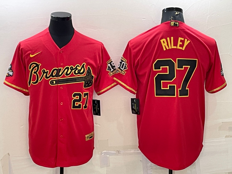 Men's Atlanta Braves #27 Austin Riley Red Gold Cool Base Stitched Baseball Jersey