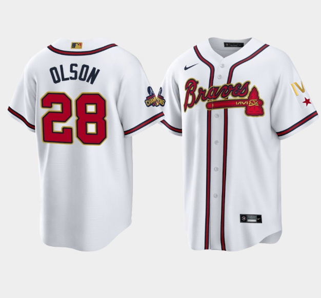Men's Atlanta Braves #28 Matt Olson 2022 White Gold World Series Champions Program Cool Base Stitched Baseball Jersey