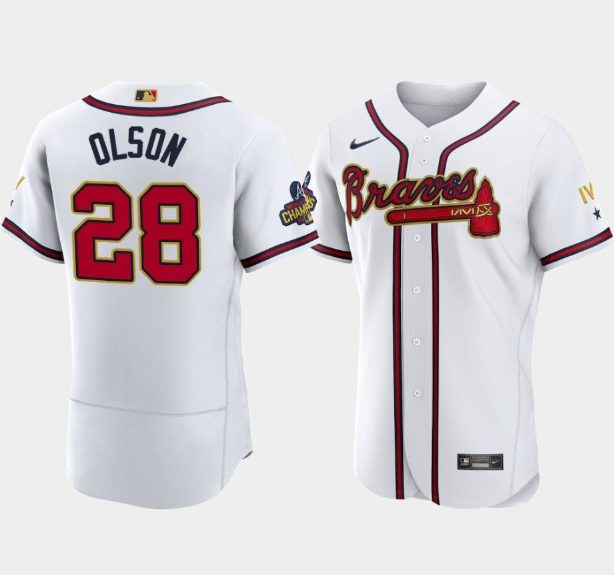 Men's Atlanta Braves #28 Matt Olson 2022 White Gold World Series Champions Program Flex Base Stitched Baseball Jersey