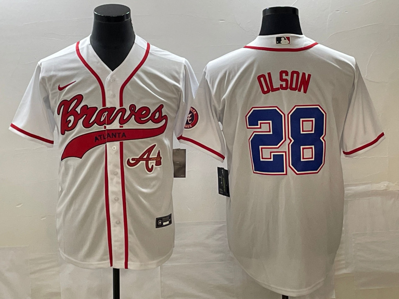 Men's Atlanta Braves #28 Matt Olson White Cool Base With Patch Stitched Baseball Jersey Men's Atlanta Braves #28 Matt Olson White Cool Base With Patch Stitched Baseball Jersey