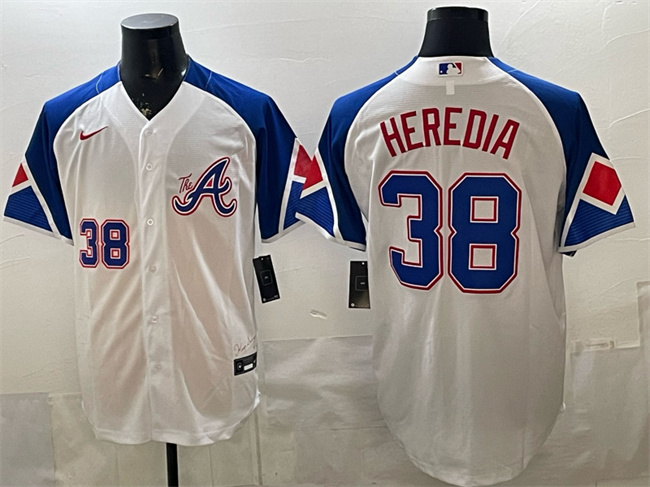 Men's Atlanta Braves #38 Guillermo Heredia White 2023 City Connect Cool Base Stitched Baseball Jersey Men's Atlanta Braves #38 Guillermo Heredia White 2023 City Connect Cool Base Stitched Baseball Jersey