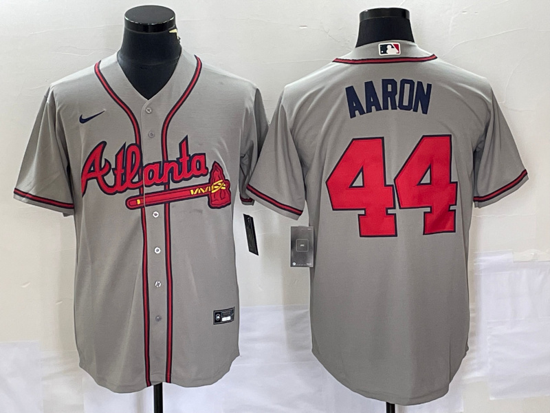 Men's Atlanta Braves #44 Hank Aaron Grey Cool Base Stitched Jersey Men's Atlanta Braves #44 Hank Aaron Grey Cool Base Stitched Jersey
