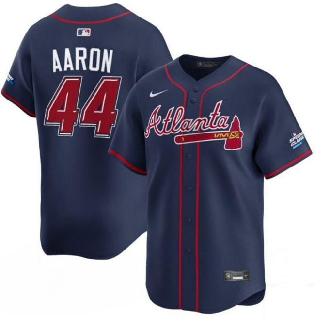 Men's Atlanta Braves #44 Hank Aaron Navy 2025 Speedway Classic Alternate Limited Stitched Baseball Jersey Men's Atlanta Braves #44 Hank Aaron Navy 2025 Speedway Classic Alternate Limited Stitched Baseball Jersey