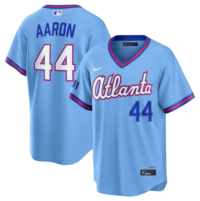 Men's Atlanta Braves #44 Hank Aaron Powder Blue 2026 City Connect Stadium Stitched Baseball Jersey Men's Atlanta Braves #44 Hank Aaron Powder Blue 2026 City Connect Stadium Stitched Baseball Jersey