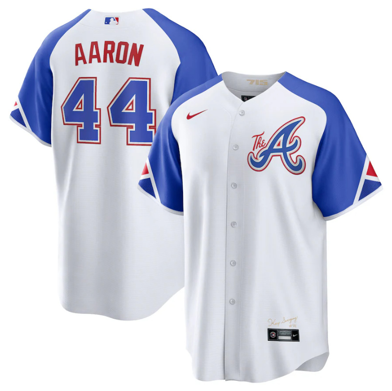 Men's Atlanta Braves #44 Hank Aaron White 2023 City Connect Cool Base Stitched Baseball Jersey Men's Atlanta Braves #44 Hank Aaron White 2023 City Connect Cool Base Stitched Baseball Jersey