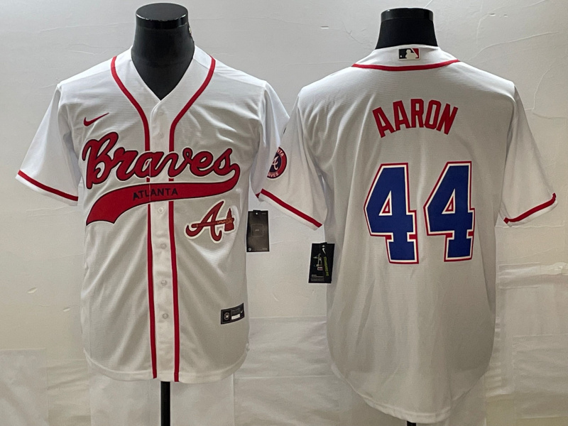 Men's Atlanta Braves #44 Hank Aaron White Cool Base With Patch Stitched Baseball Jersey Men's Atlanta Braves #44 Hank Aaron White Cool Base With Patch Stitched Baseball Jersey