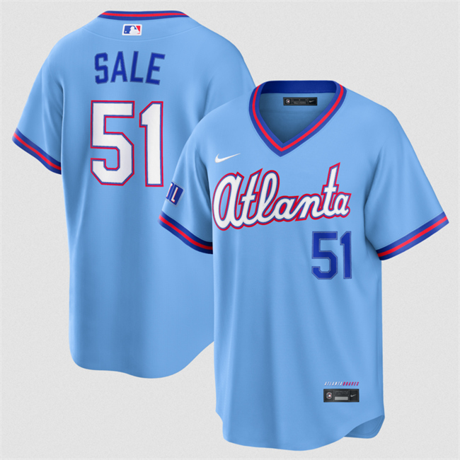 Men's Atlanta Braves #51 Chris Sale Powder Blue 2026 City Connect Stadium Stitched Baseball Jersey Men's Atlanta Braves #51 Chris Sale Powder Blue 2026 City Connect Stadium Stitched Baseball Jersey