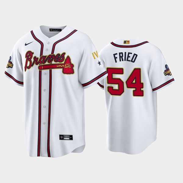 Men's Atlanta Braves #54 Max Fried 2022 White Gold World Series Champions Program Cool Base Stitched Baseball Jersey