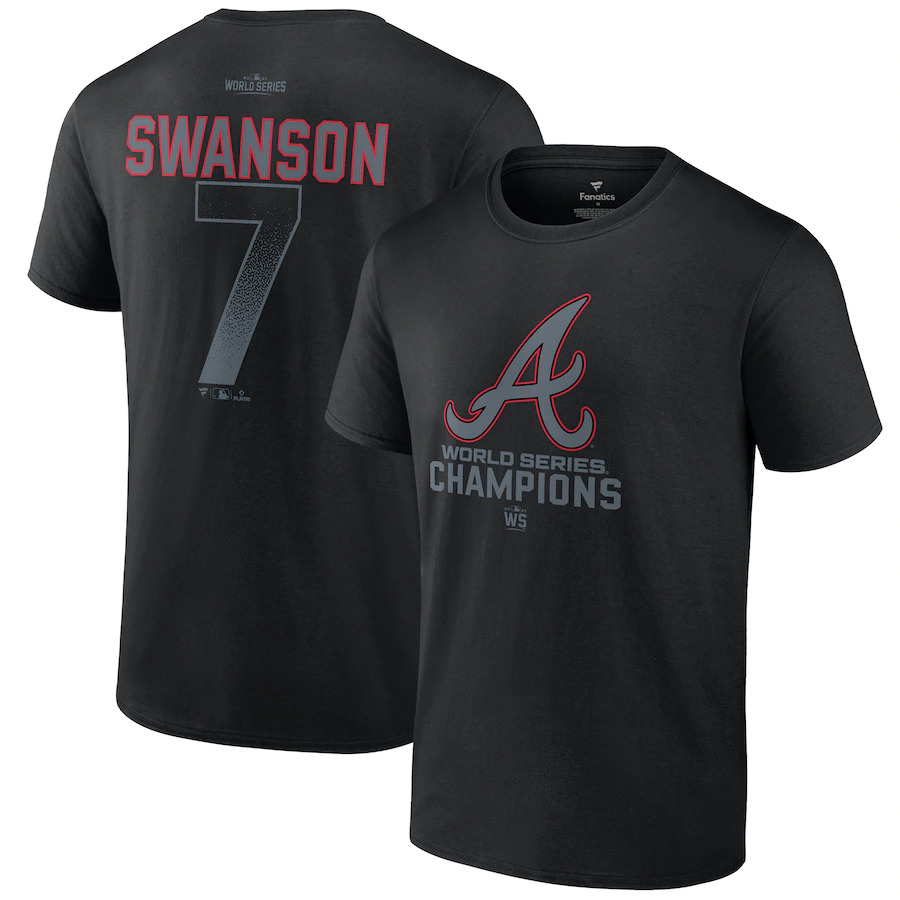 Men's Atlanta Braves #7 Dansby Swanson Black 2021 World Series Champions Name & Number T-Shirt Men's Atlanta Braves #7 Dansby Swanson Black 2021 World Series Champions Name & Number T-Shirt