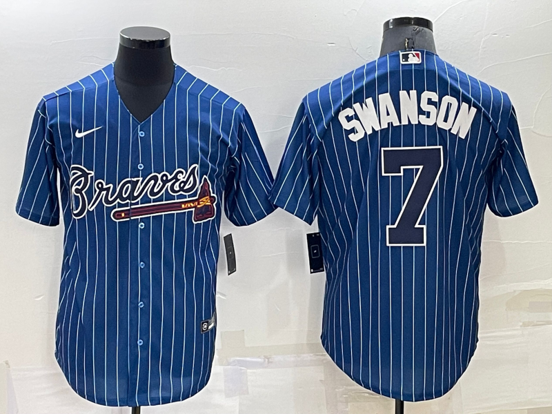 Men's Atlanta Braves #7 Dansby Swanson Navy Cool Base Stitched Baseball Jersey