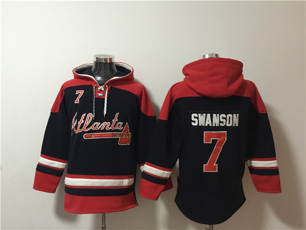Men's Atlanta Braves #7 Dansby Swanson Navy Red Ageless Must-Have Lace-Up Pullover Hoodie Men's Atlanta Braves #7 Dansby Swanson Navy Red Ageless Must-Have Lace-Up Pullover Hoodie