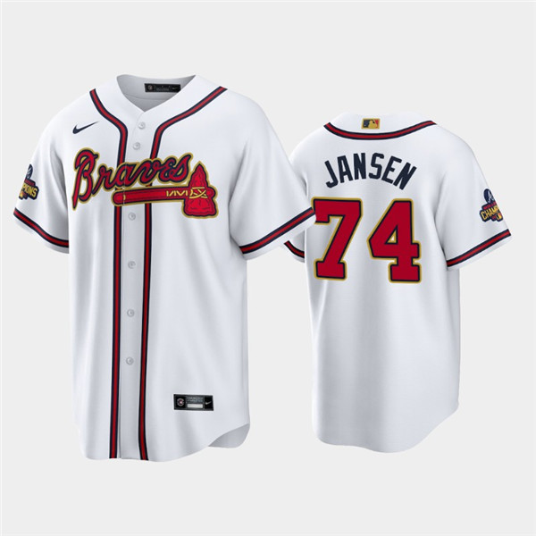 Men's Atlanta Braves #74 Kenley Jansen 2022 White Gold World Series Champions Program Cool Base Stitched Baseball Jersey