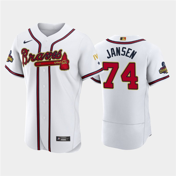 Men's Atlanta Braves #74 Kenley Jansen 2022 White Gold World Series Champions Program Flex Base Stitched Baseball Jersey