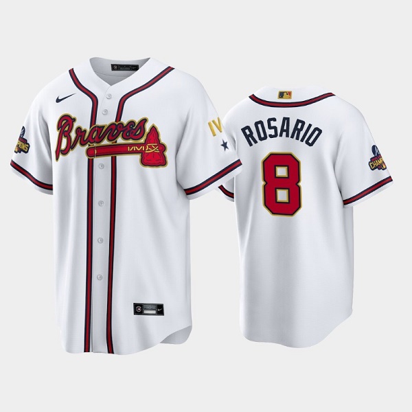 Men's Atlanta Braves #8 Eddie Rosario 2022 White Gold World Series Champions Program Cool Base Stitched Baseball Jersey