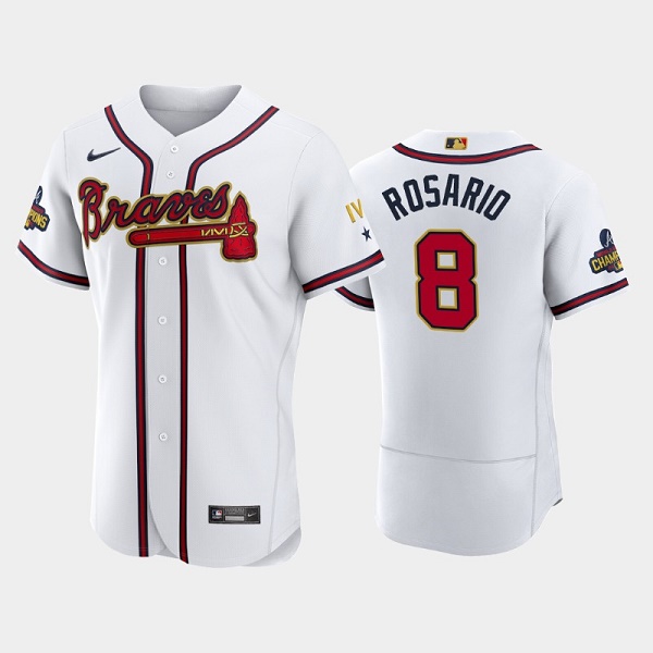 Men's Atlanta Braves #8 Eddie Rosario 2022 White Gold World Series Champions Program Flex Base Stitched Baseball Jersey