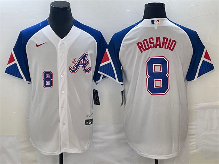 Men's Atlanta Braves #8 Eddie Rosario White 2023 City Connect Cool Base With Patch Stitched Baseball Jersey Men's Atlanta Braves #8 Eddie Rosario White 2023 City Connect Cool Base With Patch Stitched Baseball Jersey