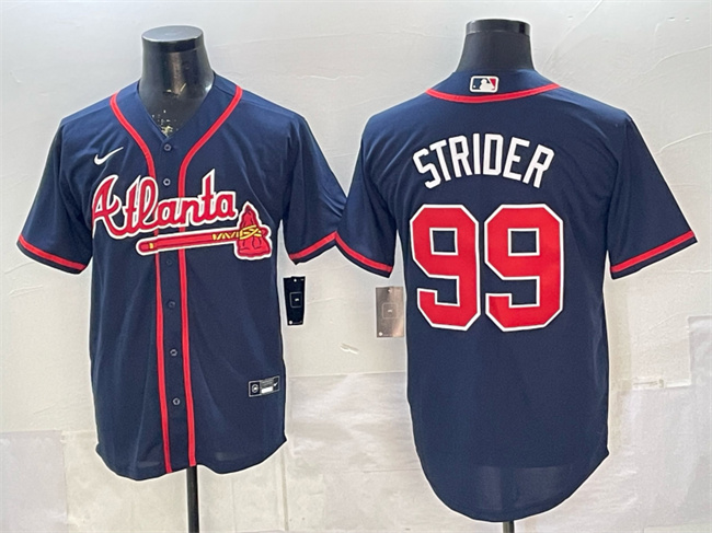 Men's Atlanta Braves #99 Spencer Strider Navy Cool Base Stitched Baseball Jersey Men's Atlanta Braves #99 Spencer Strider Navy Cool Base Stitched Baseball Jersey