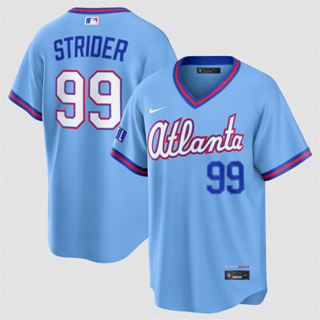 Men's Atlanta Braves #99 Spencer Strider Powder Blue 2026 City Connect Stadium Stitched Baseball Jersey Men's Atlanta Braves #99 Spencer Strider Powder Blue 2026 City Connect Stadium Stitched Baseball Jersey